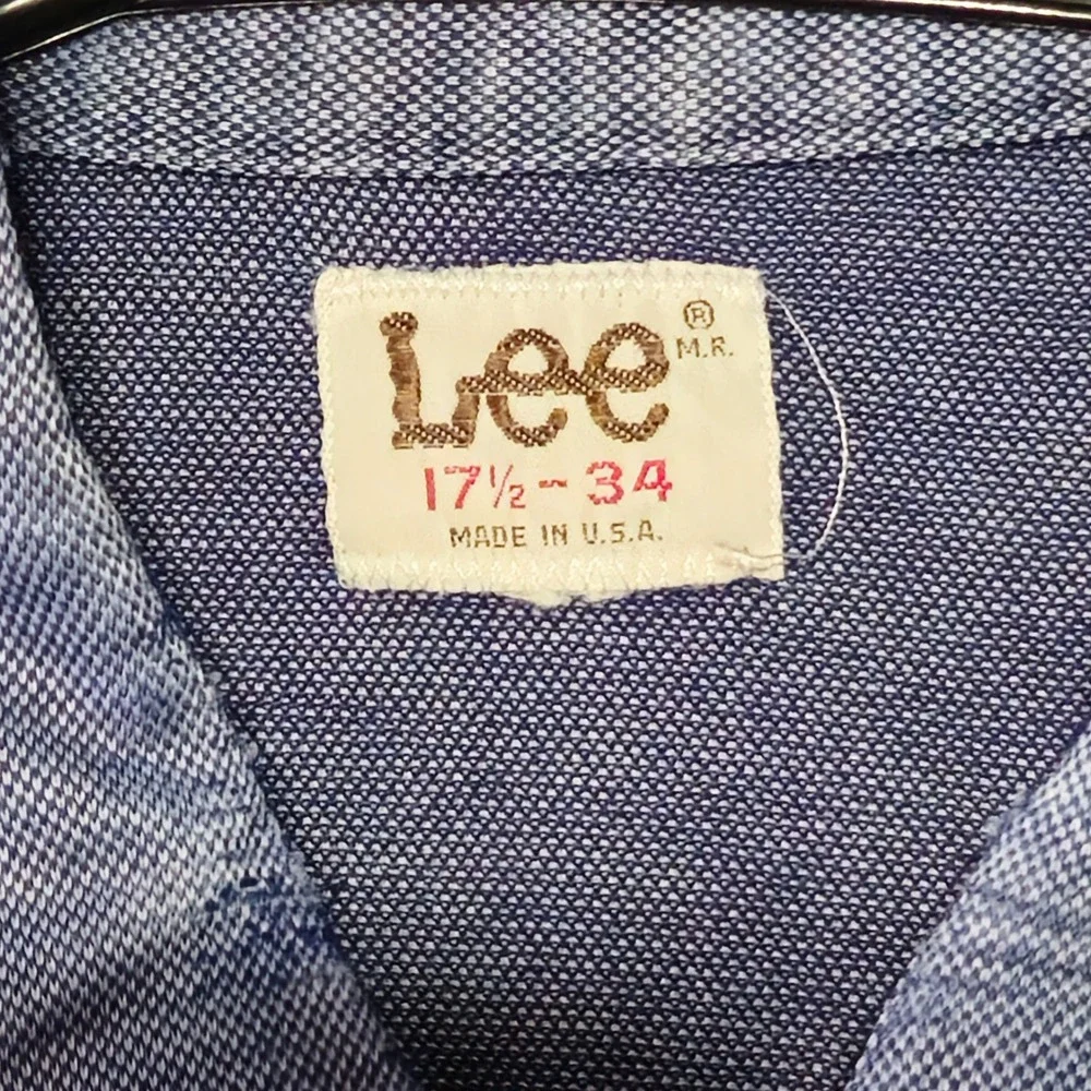 VINTAGE Lee Shirt Men 17.5 Blue Chambray 70s Western Pearl Snap Cowboy Rodeo USA